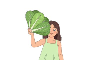 Young Girl Holding Fresh Green Lettuce in Front of Face on Black Background