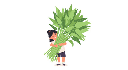 Young Girl joyfully Holding a Large Bundle of Fresh Greens Against Black Backdrop