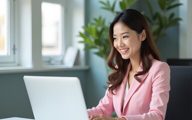 Portrait smile beautiful business asian woman in pink suit working in office desk virtual computer. Small business owner people employee freelance online sme marketing e-commerce telemarketing concept