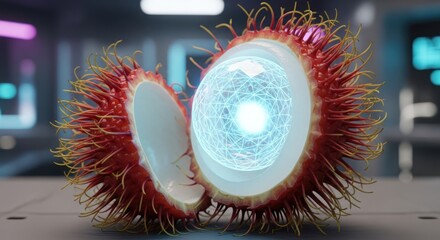 Sci-Fi Rambutan Fruit with Holographic Core in Futuristic Environment