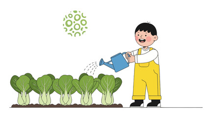 Youngster Watering Produce, Gardening Illustration, With Foliage, Against a Black Backdrop