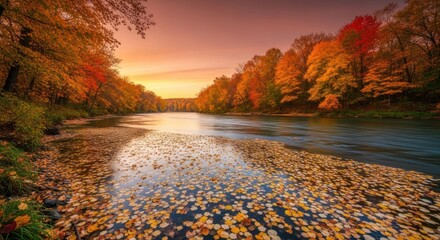 Scenic autumn river landscape reflecting trees with colorful fall foliage
