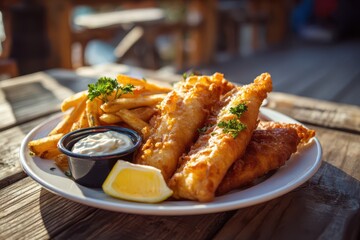 Classic fish and chips on a rustic wooden table with crispy battered fillet and thick-cut fries