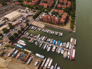 Bristol UK: 28th July 2025: Drone view of boats in marina and river Avon near Bristol, showcasing activity on the water
