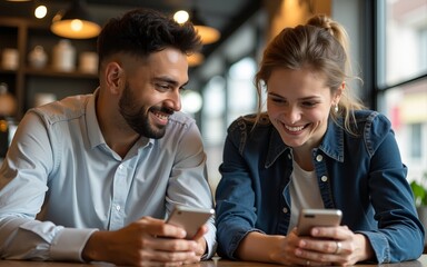 Cafe owner and business advisor discussing marketing or finance using smart phones. Both are smiling and engaged, symbolizing teamwork, strategy, and modern small business collaboration. High quality