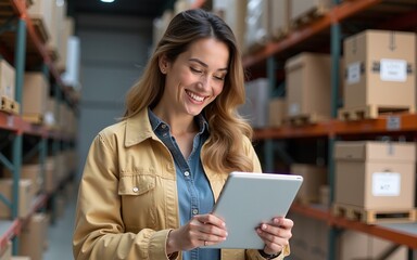 Happy, woman and reading on tablet for distribution checklist, courier update and supply chain. Small business, digital and person laugh with funny reviews, inventory management and schedule shipping