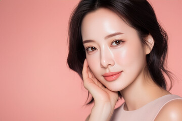 頬に手を添える若い女性