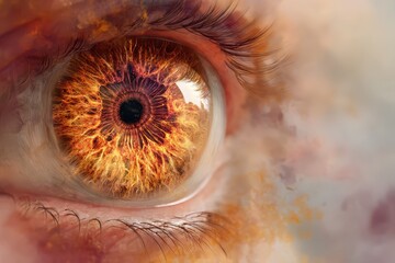 Close-up illustration of an orange iris with fiery glow and intense gaze