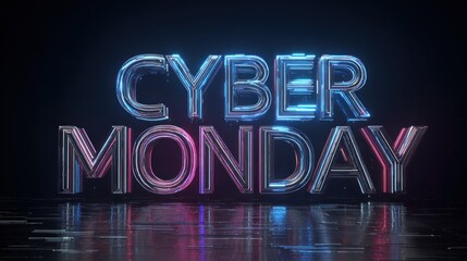 A vibrant digital display of "CYBER MONDAY" in neon lights, symbolizing online shopping and discounts.