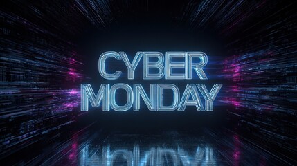 A dynamic visual representation of "Cyber Monday," featuring bold text and vibrant digital effects, conveying a sense of urgency and excitement.