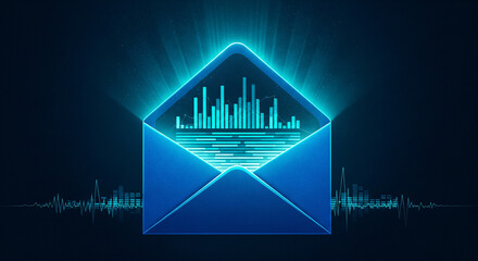 blue envelope with glowing data chart on dark background, digital lines