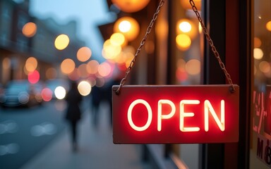 Open sign with festive balloons and bokeh lights on busy street, inviting and welcoming small business atmosphere. High quality
