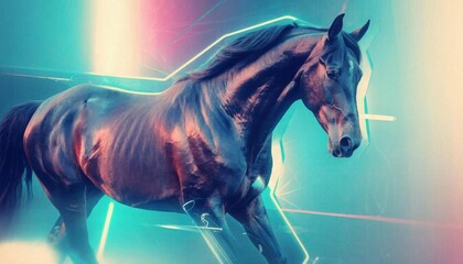 A retro futuristic digital horse that creates daily Christmas content, the concept of interactive technology. Symbol of the New Year 2026