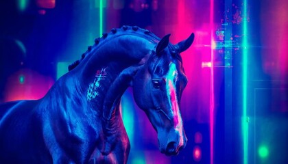 A retro futuristic digital horse that creates daily Christmas content, the concept of interactive technology. Symbol of the New Year 2026