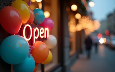 Open sign with festive balloons and bokeh lights on busy street, inviting and welcoming small business atmosphere. High quality