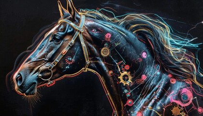 A retro futuristic digital horse that creates daily Christmas content, the concept of interactive technology. Symbol of the New Year 2026