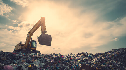 Heavy machinery on a huge pile of refuse.  Large excavator sorting waste.  Ecological issues related to environmental protection. Recycling and waste management.