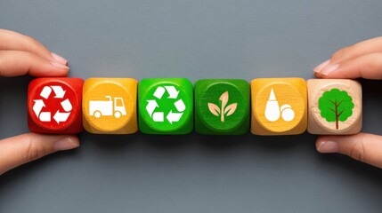 Colorful wooden blocks depict recycling symbols and eco-friendly concepts, highlighting sustainability and environmental awareness.