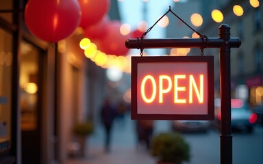 Open sign with festive balloons and bokeh lights on busy street, inviting and welcoming small business atmosphere. High quality
