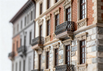 Detailed facade of historic european building with stone and brick elements.
