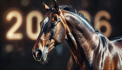 The digital horse runs along the number 2026 - the concept of interactive technologies. The symbol of 2026. New technologies, New Year's Eve celebration
