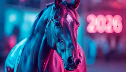 The digital horse runs along the number 2026 - the concept of interactive technologies. The symbol of 2026. New technologies, New Year's Eve celebration
