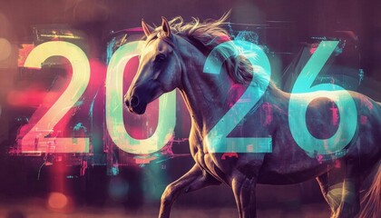 The digital horse runs along the number 2026 - the concept of interactive technologies. The symbol of 2026. New technologies, New Year's Eve celebration
