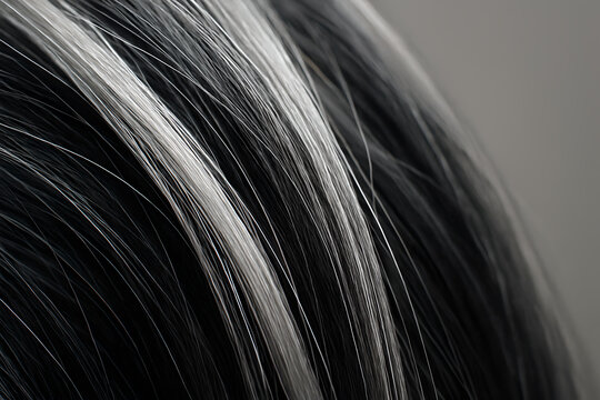 Photorealistic 3D close-up of gray hair, macro view of several strands of silver and white hair mixed with darker hairs, sharp detail of hair cuticle texture and subtle color variation along each stra