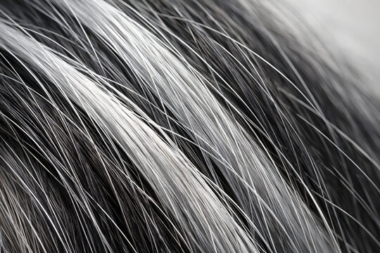 Photorealistic 3D close-up of gray hair, macro view of several strands of silver and white hair mixed with darker hairs, sharp detail of hair cuticle texture and subtle color variation along each stra