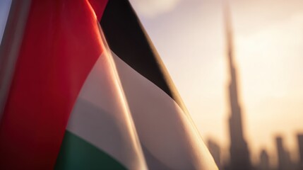 A vibrant flag in the foreground against a blurred background featuring a tall structure, symbolizing national pride and urban landscape.