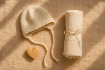 Soft baby bonnet, rolled muslin swaddle, and wooden heart creating a tender new arrival or baby announcement setup