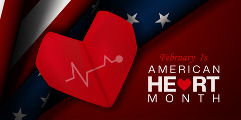 February Is American Heart Month. American flag and heart. Great for cards, banners, posters, social media and more. Red background. 