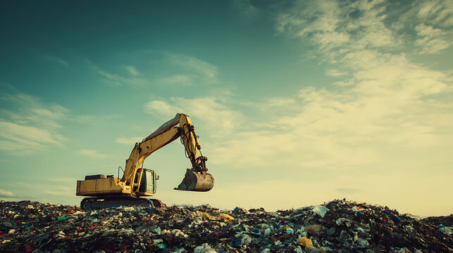 Excavator working at a landfill, a massive mound of waste under a bright sky. Landfills and waste disposal are environmental issues that need a solution. - Powered by Adobe