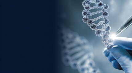 A close-up of a hand holding a DNA strand, showcasing scientific research and genetic analysis in a laboratory setting.