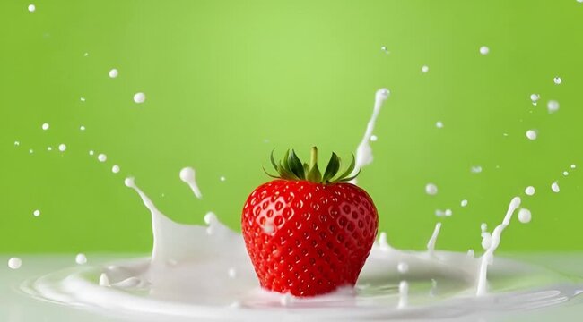 A vibrant red strawberry splashing into a pool of white milk, creating dynamic splashes against a bright green background.