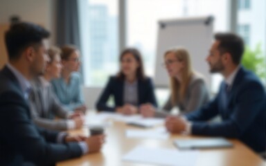 Fototapeta premium Blur office meeting blurred background with business people working group in boardroom discussion for teamwork brainstorming, executive seminar or professional training in small startup enterprise