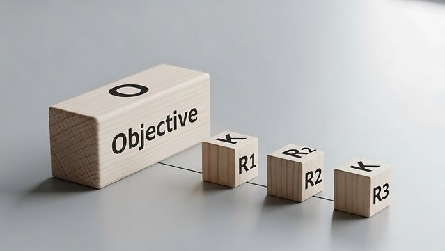 Wooden blocks spelling out 'Objective' and labeled 'R1', 'R2', 'R3' on a gray surface, representing goals and targets in business strategy