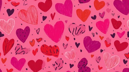 A vibrant pattern featuring various hand-drawn hearts in shades of red, pink, and purple on a soft pink background.