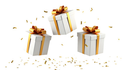 Floating white gift boxes with golden ribbons and bows in mid-air on clean white background, minimalist festive 3D composition for celebration design