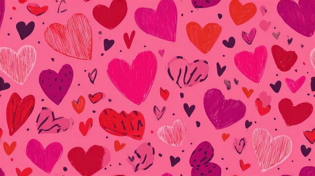 A vibrant pattern featuring various hand-drawn hearts in shades of red, pink, and purple on a soft pink background. - Powered by Adobe