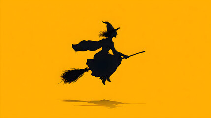 Fototapeta premium Black vector illustration of a girl riding a silhouette horse flying like a mythological pegasus with a witch hat