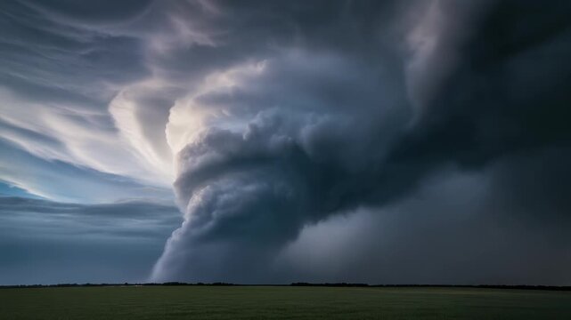 A powerful and dramatic supercell storm cloud with a visible funnel formation looms over a vast, flat green field under a turbulent sky.