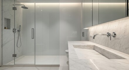 Sleek bathroom interior design with marble surfaces and walk-in shower