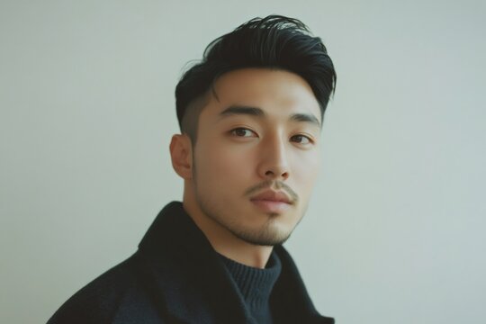 Young man with a smart haircut and trimmed beard looking directly at the camera, wearing dark attire on a light background - Powered by Adobe