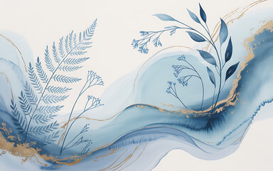Blue Watercolor Waves with Ferns and Gold Accents abstract