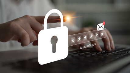 Concept of online security focusing on a padlock graphic and OTP input on a keyboard. Highlights the importance of safe transactions and data protection for users. Gantry