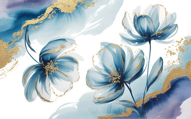 Blue and purple watercolor flowers with gold accents