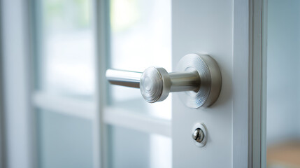 Sleek metal doorknob on a white door, showcasing modern design and functionality. The clean lines and minimalist style create a sophisticated entry point. Open possibilities.