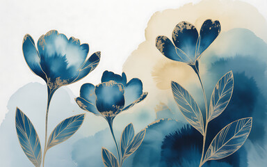 Blue Watercolor Flowers with Gold Accents on Soft Background
