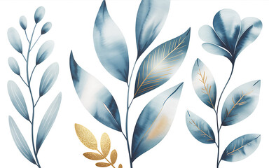 Watercolor Botanical Elements in Blue and Gold graphic